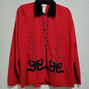 Vtg 80/90 Embroidered Bow Velvet Cardigan Jacket